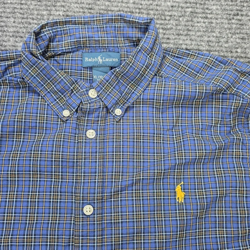 Ralph Lauren Plaid Button Down Shirt Big Boy's Size XL 18-20 Blue‎ Yellow Pony